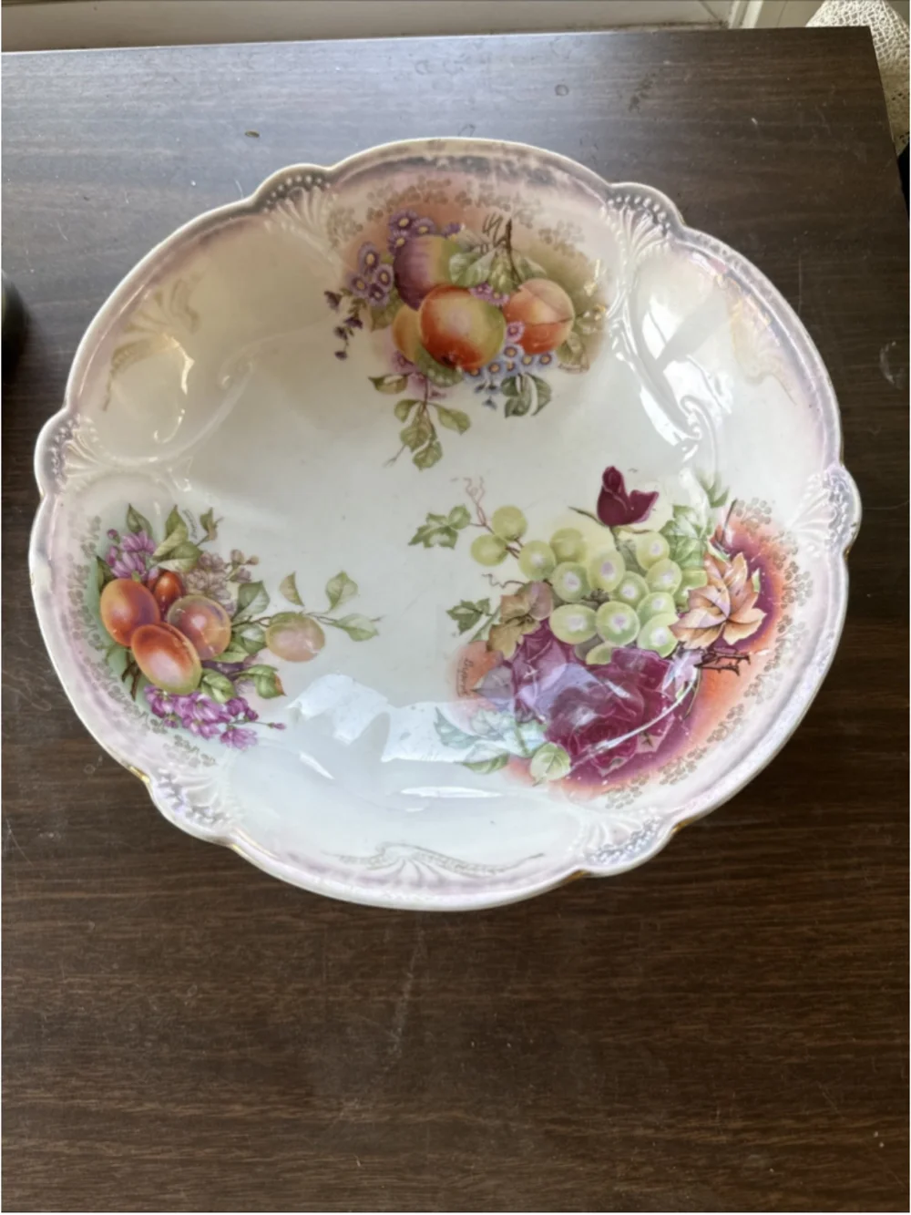 Antique German Purple Lustreware Serving Bowl with Roses